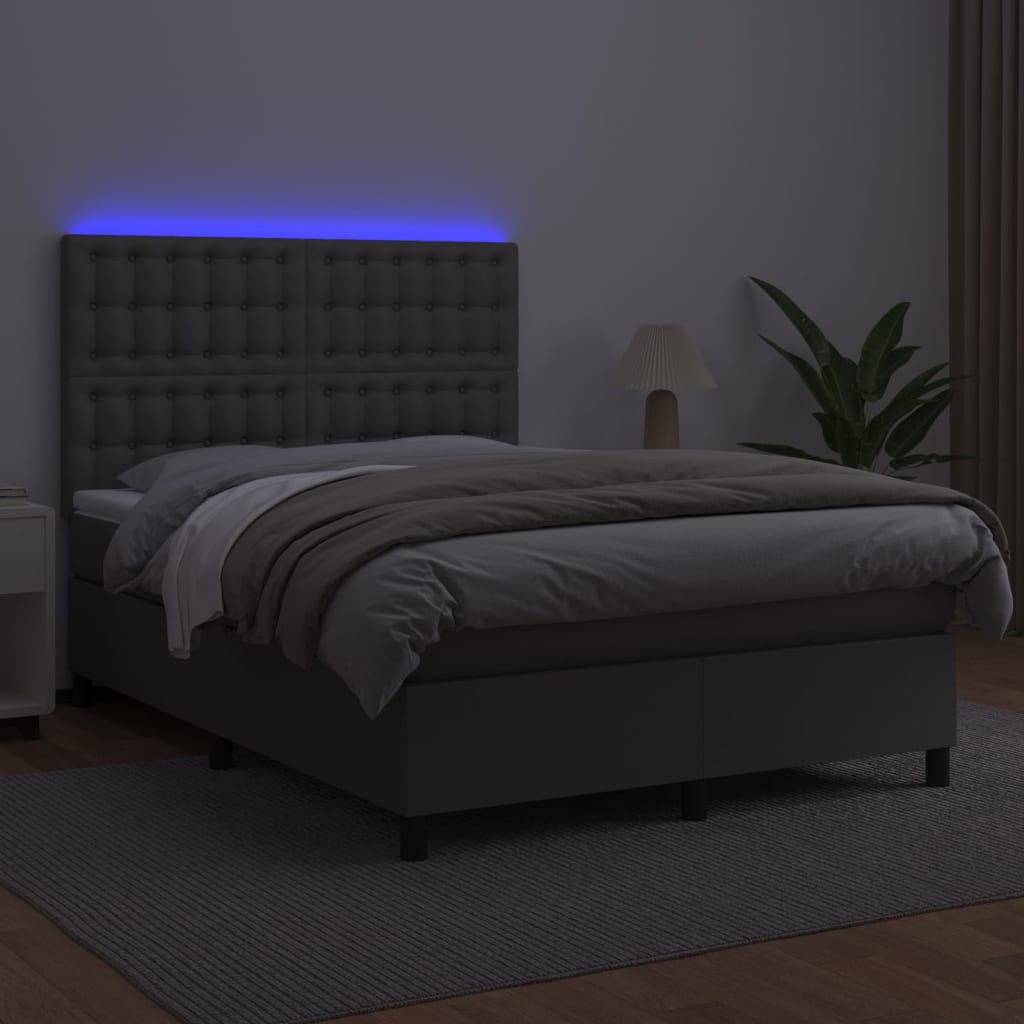 Cama box spring c/ colchão/LED 140x190cm couro artificial cinza