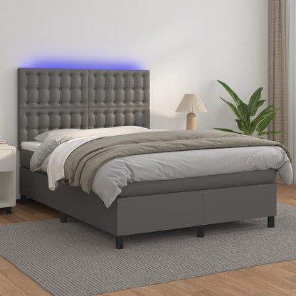 Cama box spring c/ colchão/LED 140x190cm couro artificial cinza