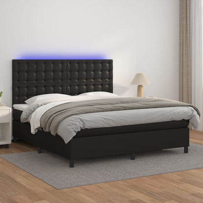 Cama box spring c/ colchão/LED 160x200cm couro artificial preto