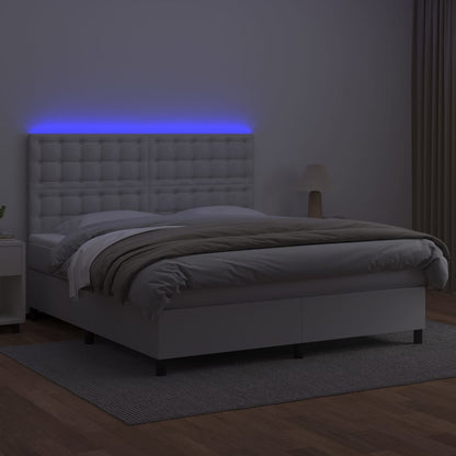 Cama box spring c/colchão/LED 160x200cm couro artificial branco