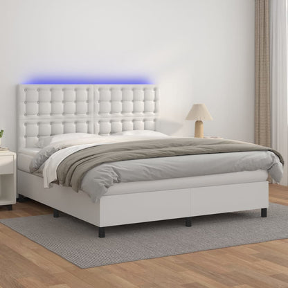 Cama box spring c/colchão/LED 160x200cm couro artificial branco