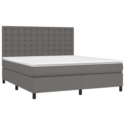 Cama box spring c/ colchão/LED 160x200cm couro artificial cinza