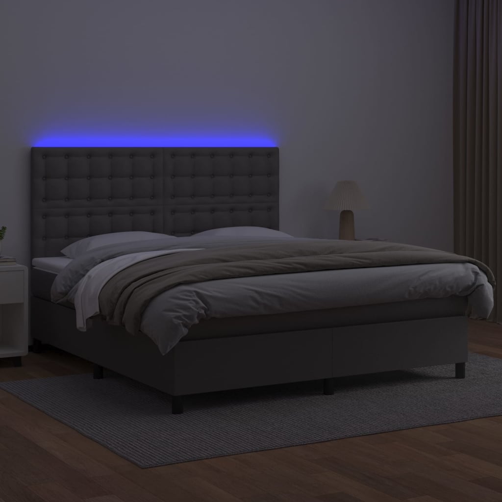 Cama box spring c/ colchão/LED 160x200cm couro artificial cinza