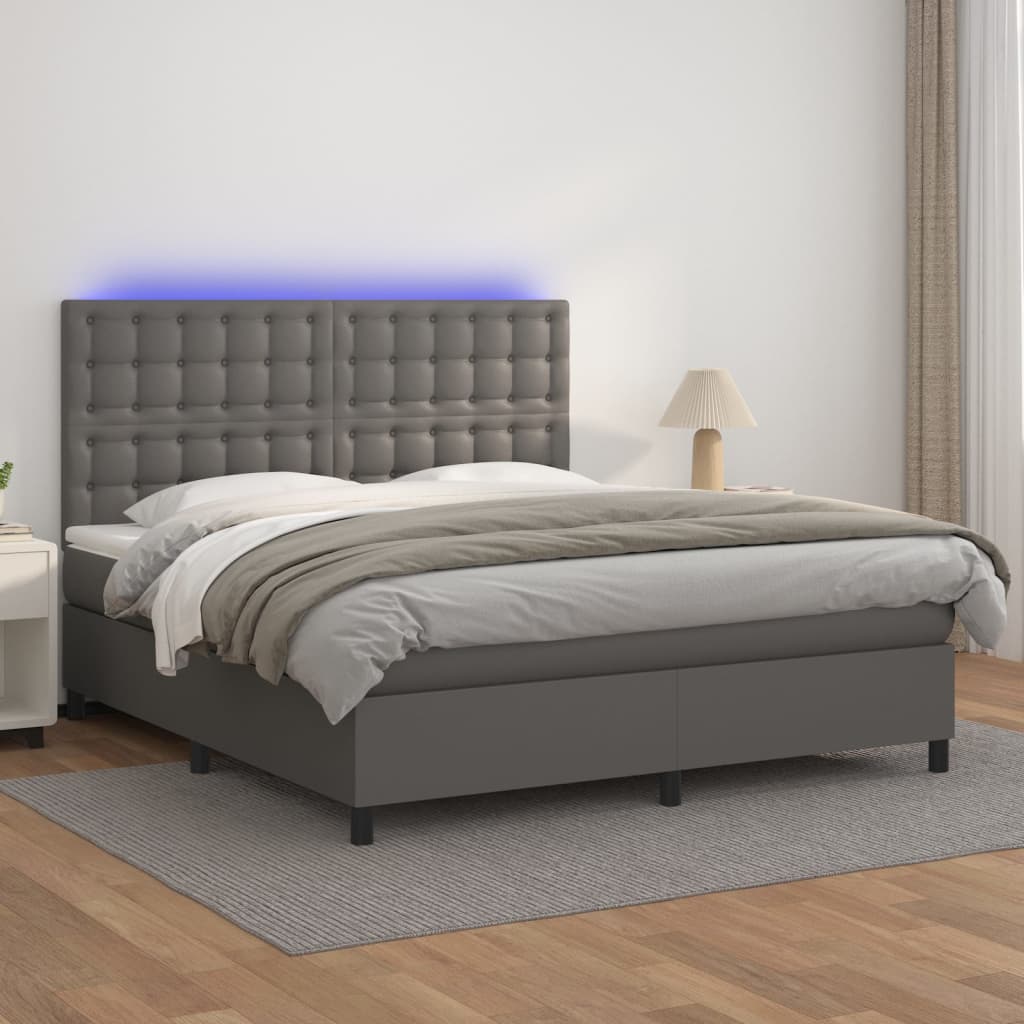 Cama box spring c/ colchão/LED 160x200cm couro artificial cinza