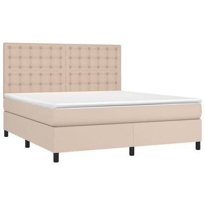 Cama box spring c/colchão/LED 160x200cm couro artif. cappuccino