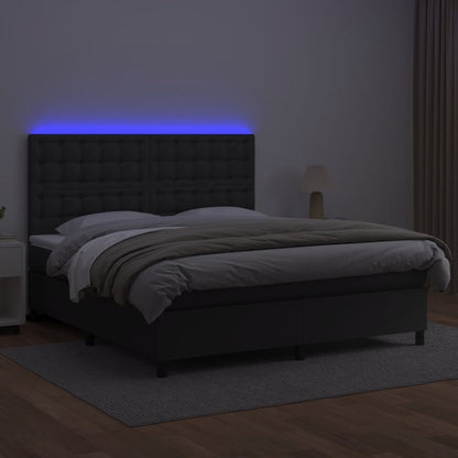 Cama box spring c/ colchão/LED 180x200cm couro artificial preto