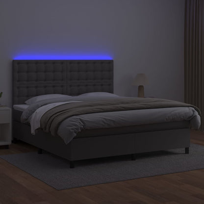 Cama box spring c/ colchão/LED 180x200cm couro artificial cinza