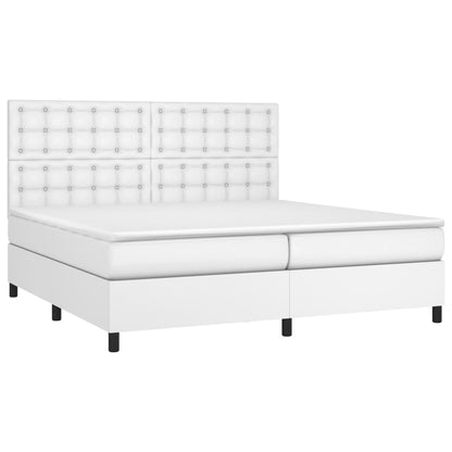 Cama box spring c/colchão/LED 200x200cm couro artificial branco