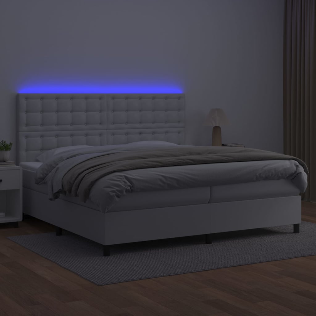 Cama box spring c/colchão/LED 200x200cm couro artificial branco