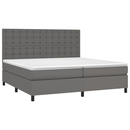 Cama box spring c/ colchão/LED 200x200cm couro artificial cinza