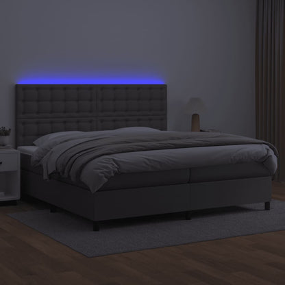 Cama box spring c/ colchão/LED 200x200cm couro artificial cinza