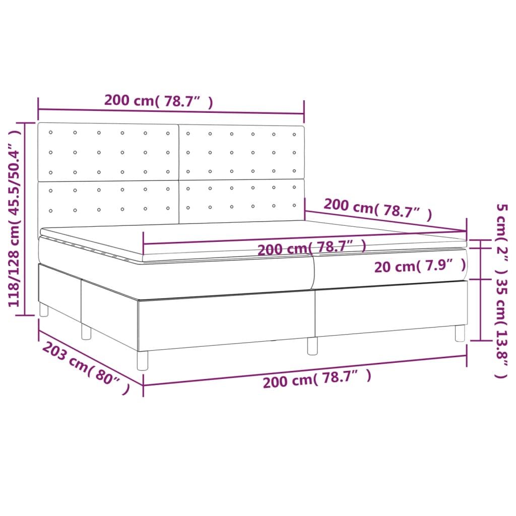 Cama box spring c/ colchão/LED 200x200cm couro artificial cinza