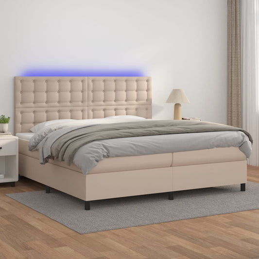 Cama box spring c/colchão/LED 200x200cm couro artif. cappuccino