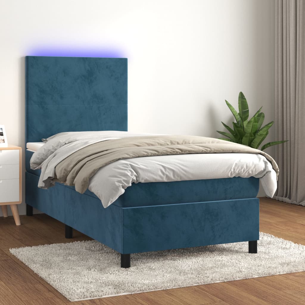 Cama box spring c/ colchão/LED 100x200 cm veludo azul-escuro