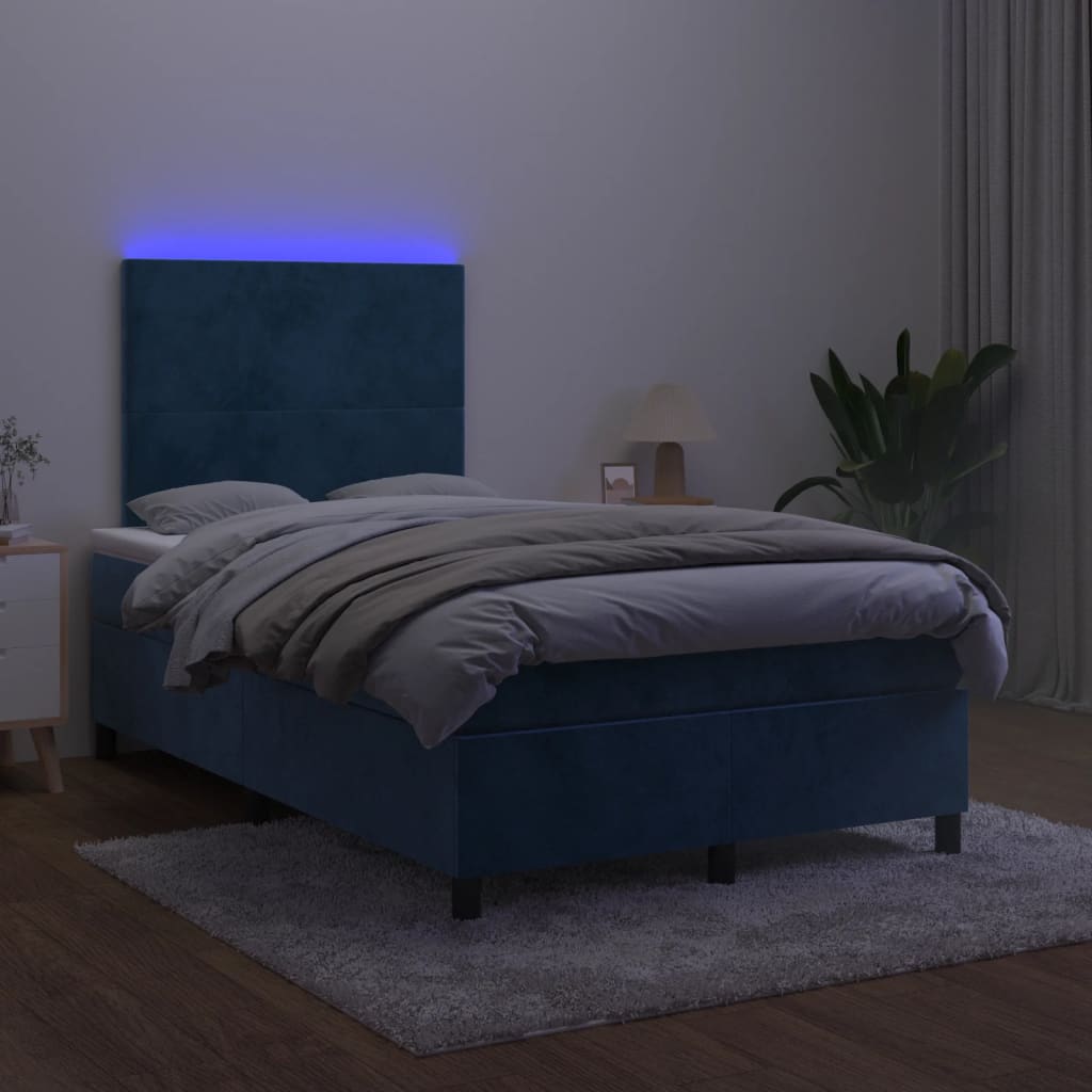 Cama box spring c/ colchão/LED 120x200 cm veludo azul-escuro