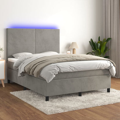 Cama box spring c/ colchão/LED 140x190 cm veludo cinzento