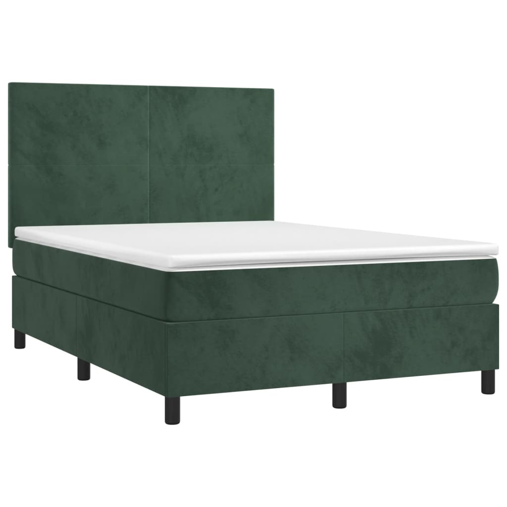 Cama box spring c/ colchão/LED 140x190 cm veludo verde-escuro