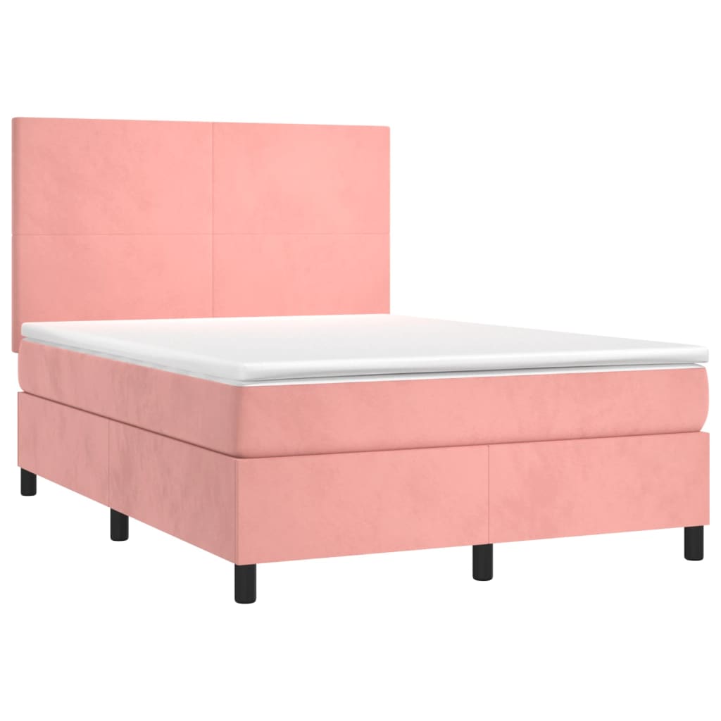 Cama box spring c/ colchão/LED 140x190 cm veludo rosa