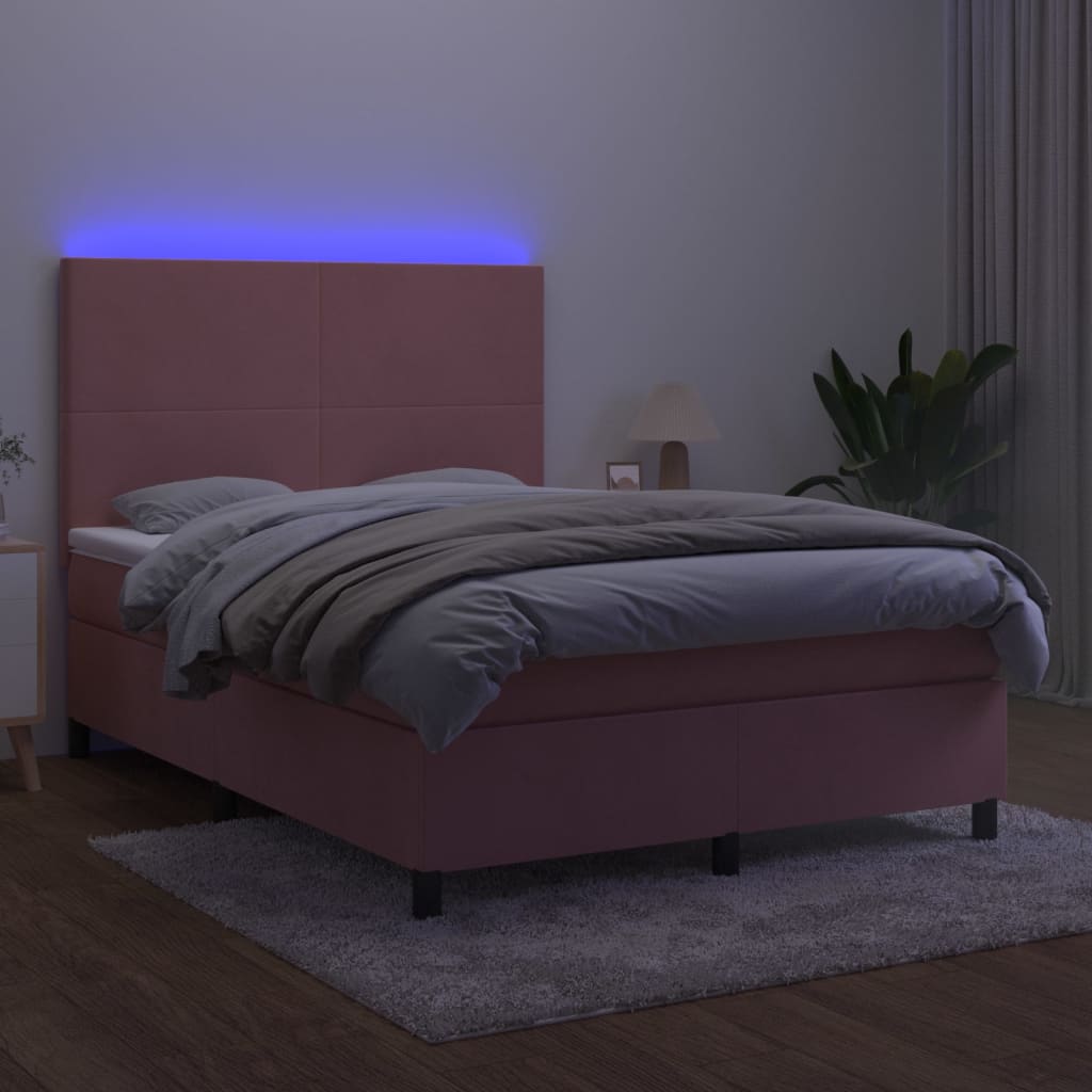 Cama box spring c/ colchão/LED 140x190 cm veludo rosa