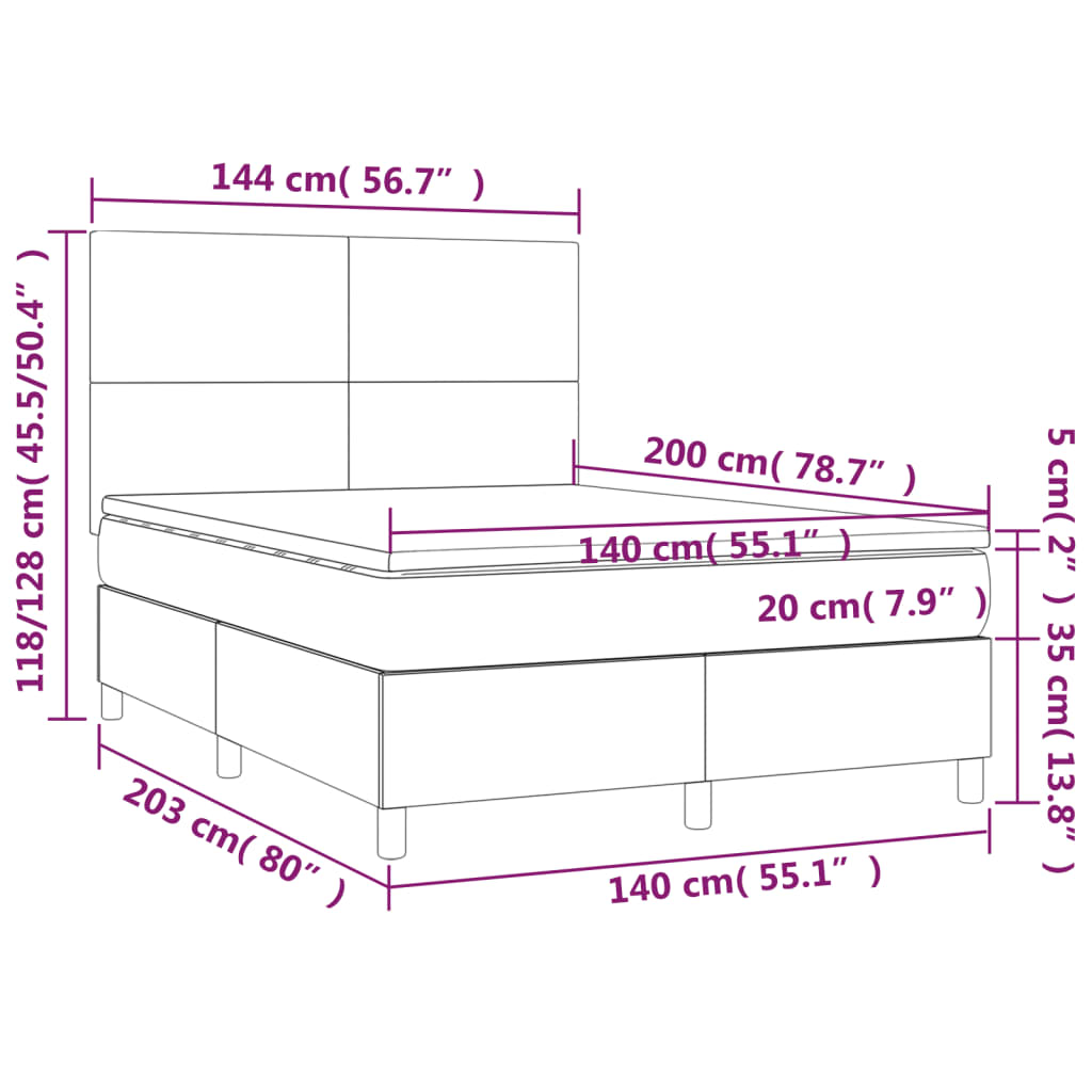 Cama box spring c/ colchão/LED 140x200cm veludo cinzento-escuro