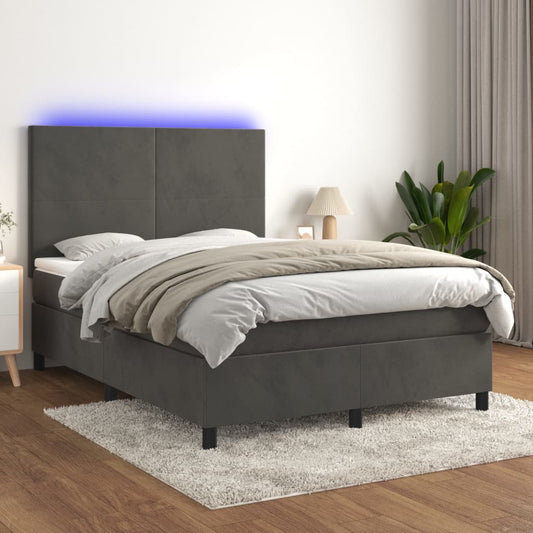 Cama box spring c/ colchão/LED 140x200cm veludo cinzento-escuro