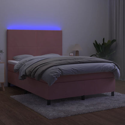 Cama box spring c/ colchão/LED 140x200 cm veludo rosa