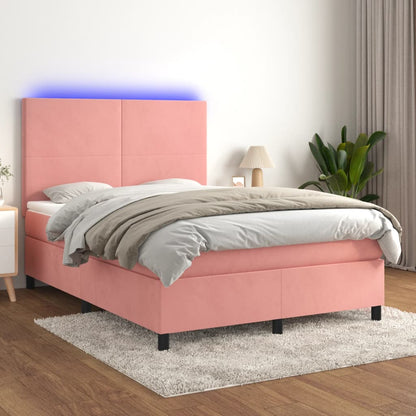 Cama box spring c/ colchão/LED 140x200 cm veludo rosa