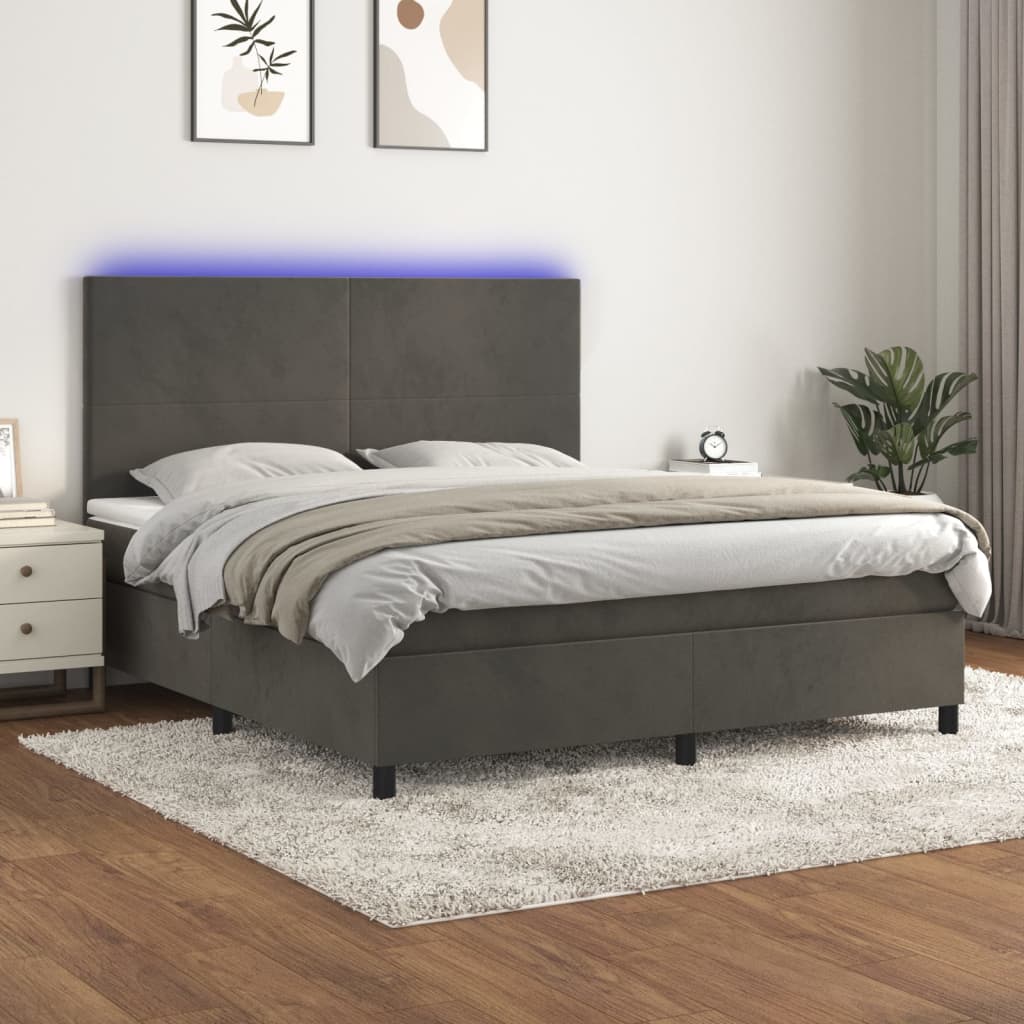 Cama box spring c/ colchão/LED 160x200cm veludo cinzento-escuro