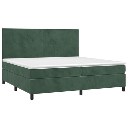 Cama box spring c/ colchão/LED 200x200 cm veludo verde-escuro