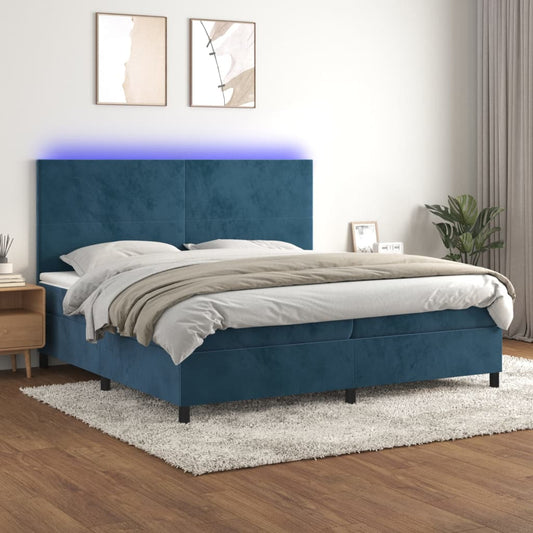 Cama box spring c/ colchão/LED 200x200 cm veludo azul-escuro