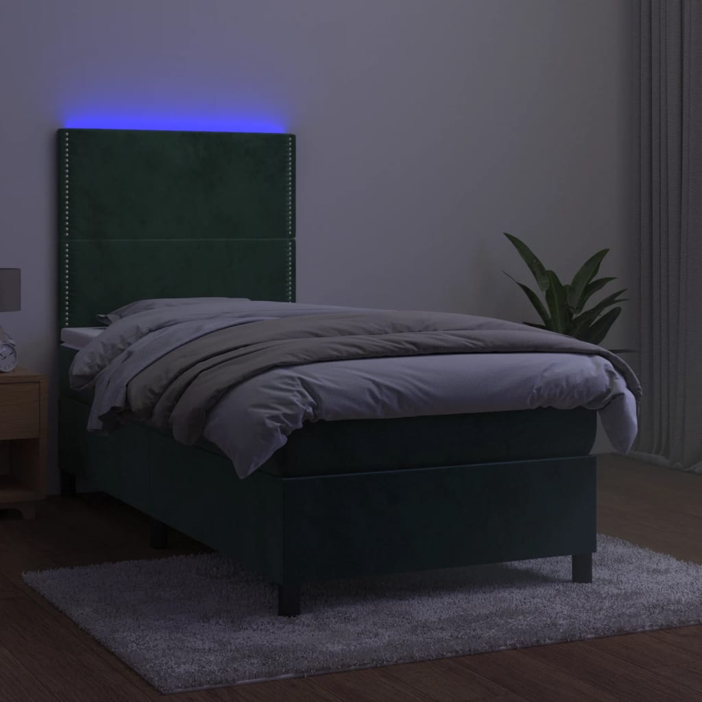 Cama box spring c/ colchão/LED 80x200 cm veludo verde-escuro