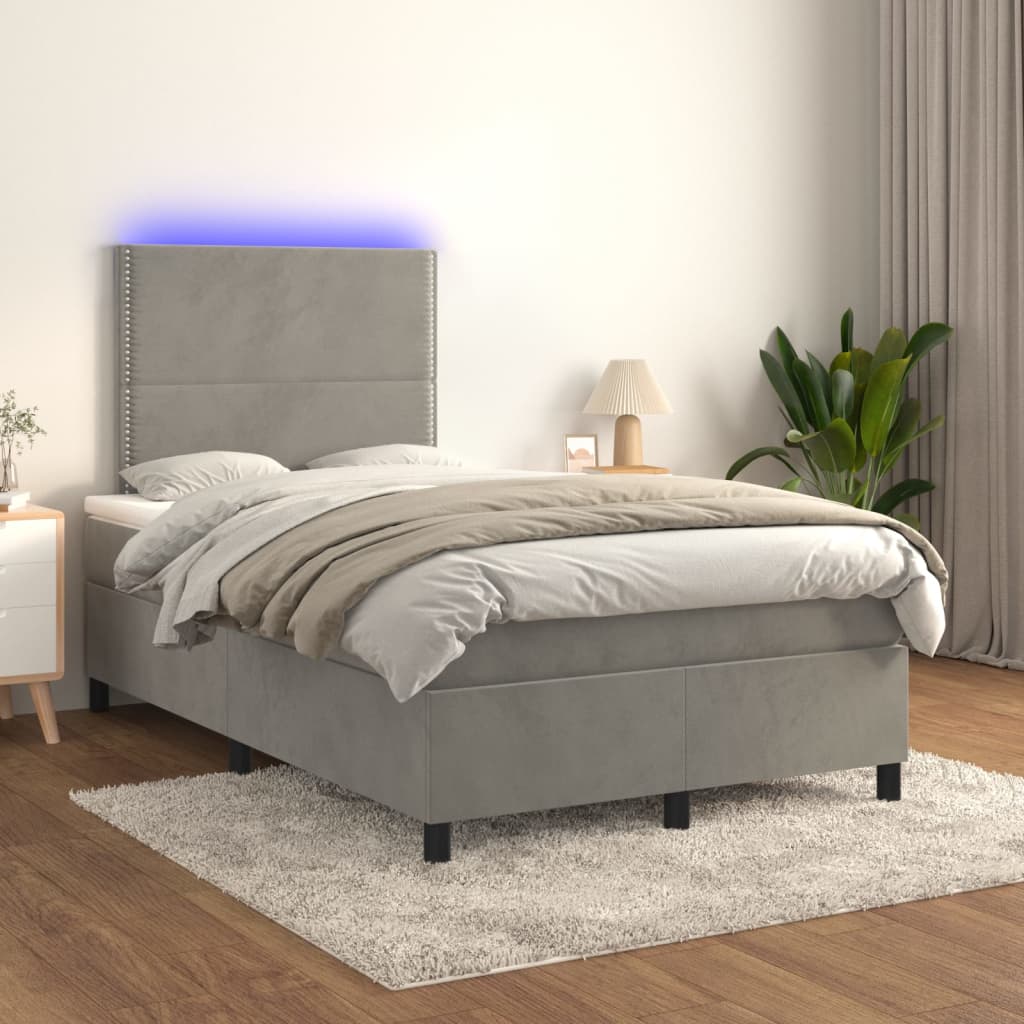 Cama box spring c/ colchão/LED 120x200 cm veludo cinzento-claro