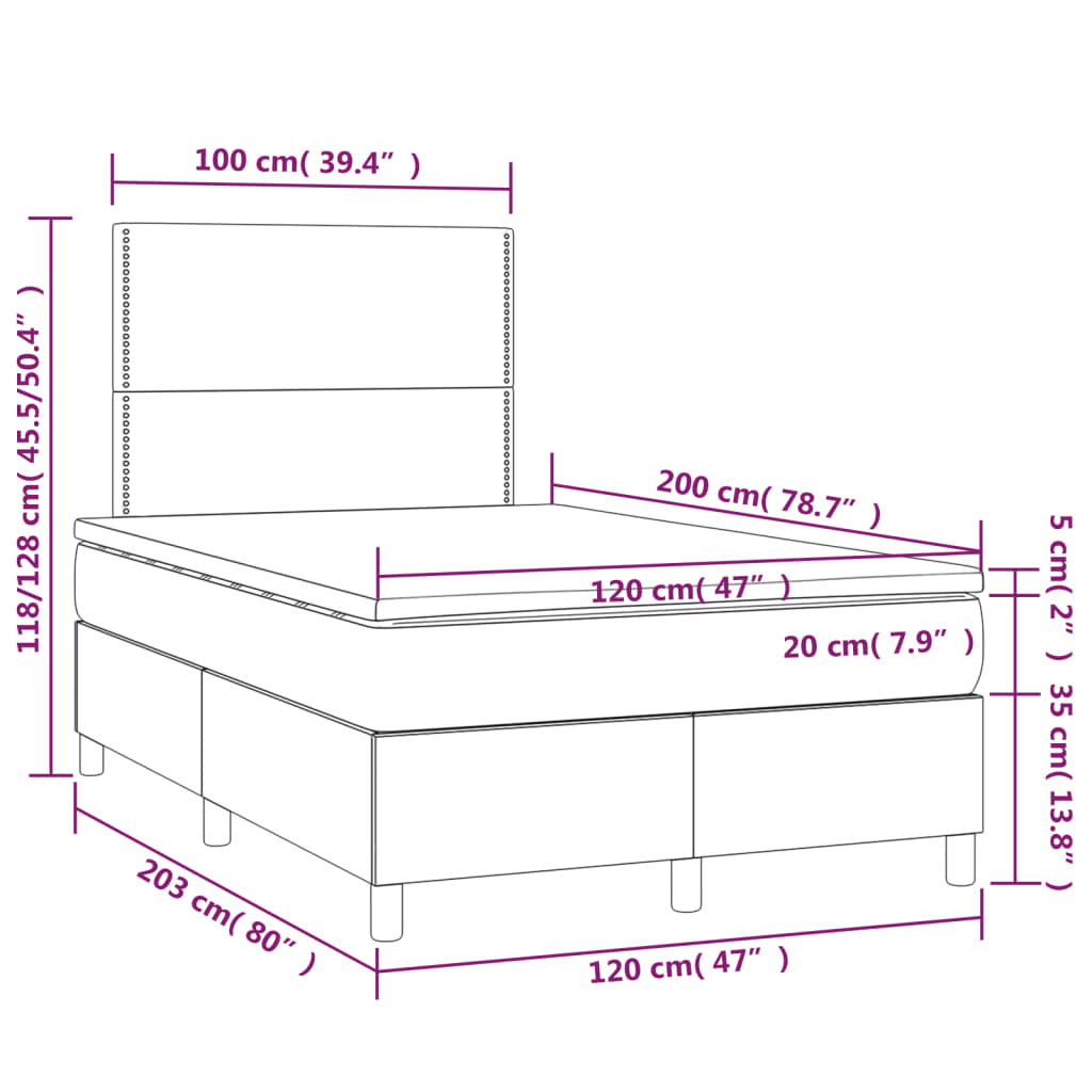 Cama box spring c/ colchão/LED 120x200 cm veludo preto