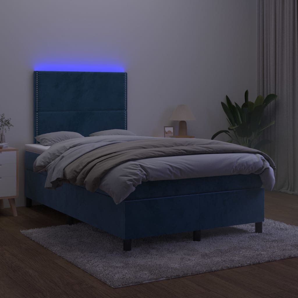 Cama box spring c/ colchão/LED 120x200 cm veludo azul-escuro