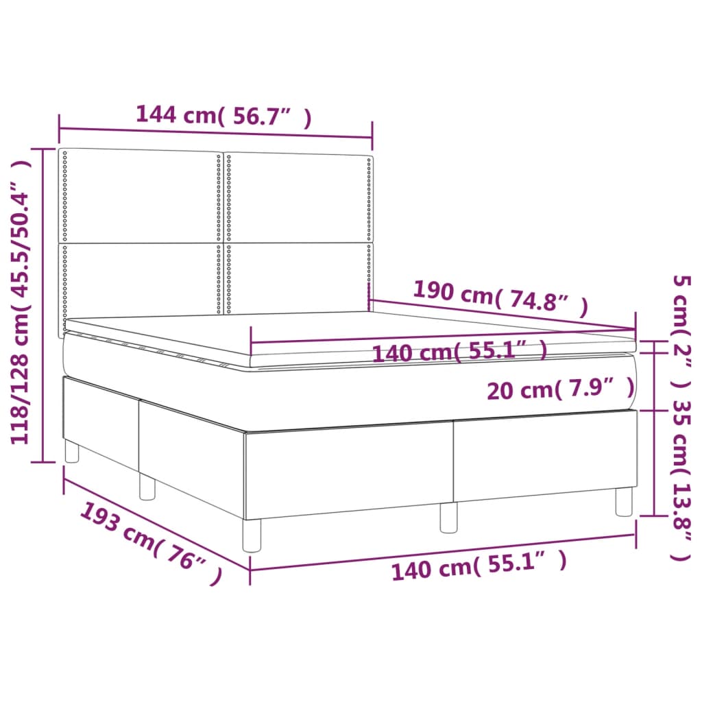 Cama box spring c/ colchão/LED 140x190 cm veludo cinzento