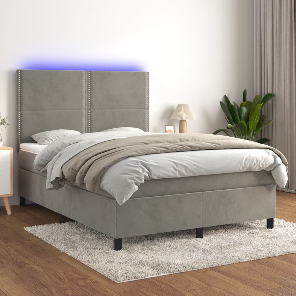 Cama box spring c/ colchão/LED 140x190 cm veludo cinzento