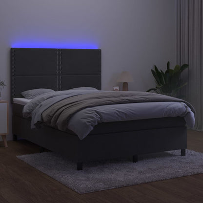 Cama box spring c/ colchão/LED 140x190cm veludo cinzento-escuro