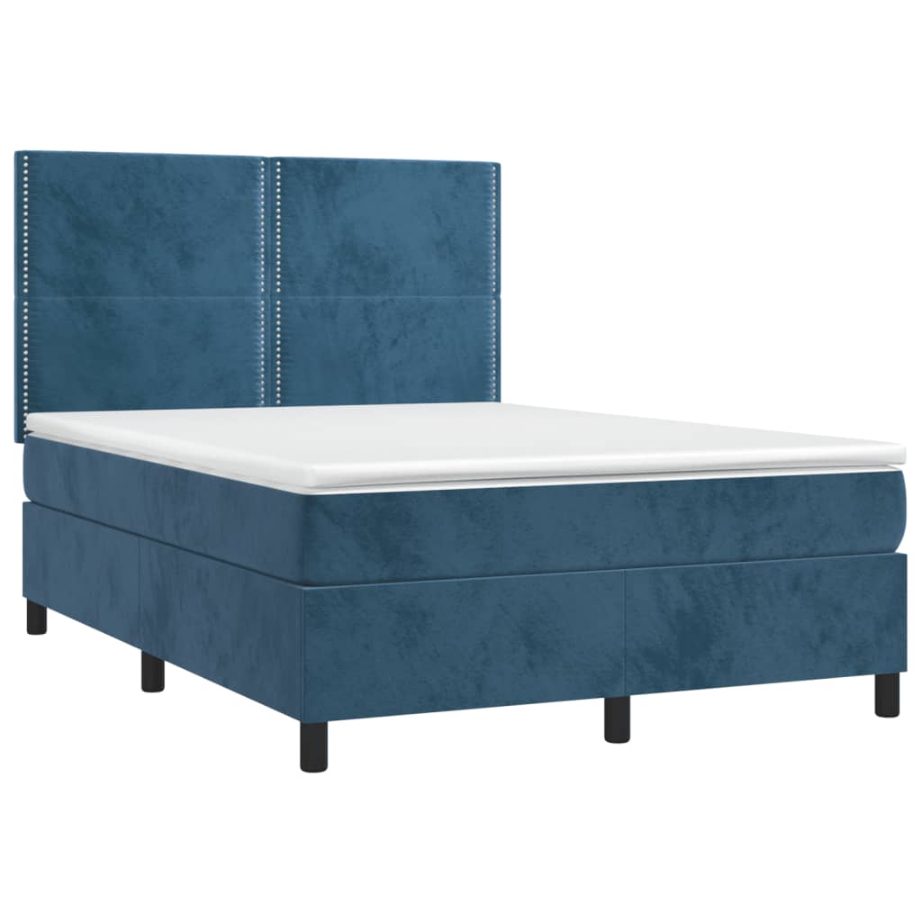 Cama box spring c/ colchão/LED 140x190 cm veludo azul-escuro