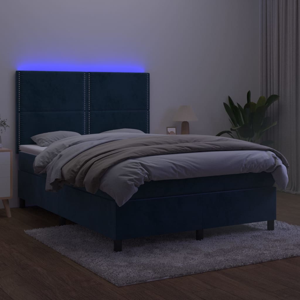 Cama box spring c/ colchão/LED 140x190 cm veludo azul-escuro