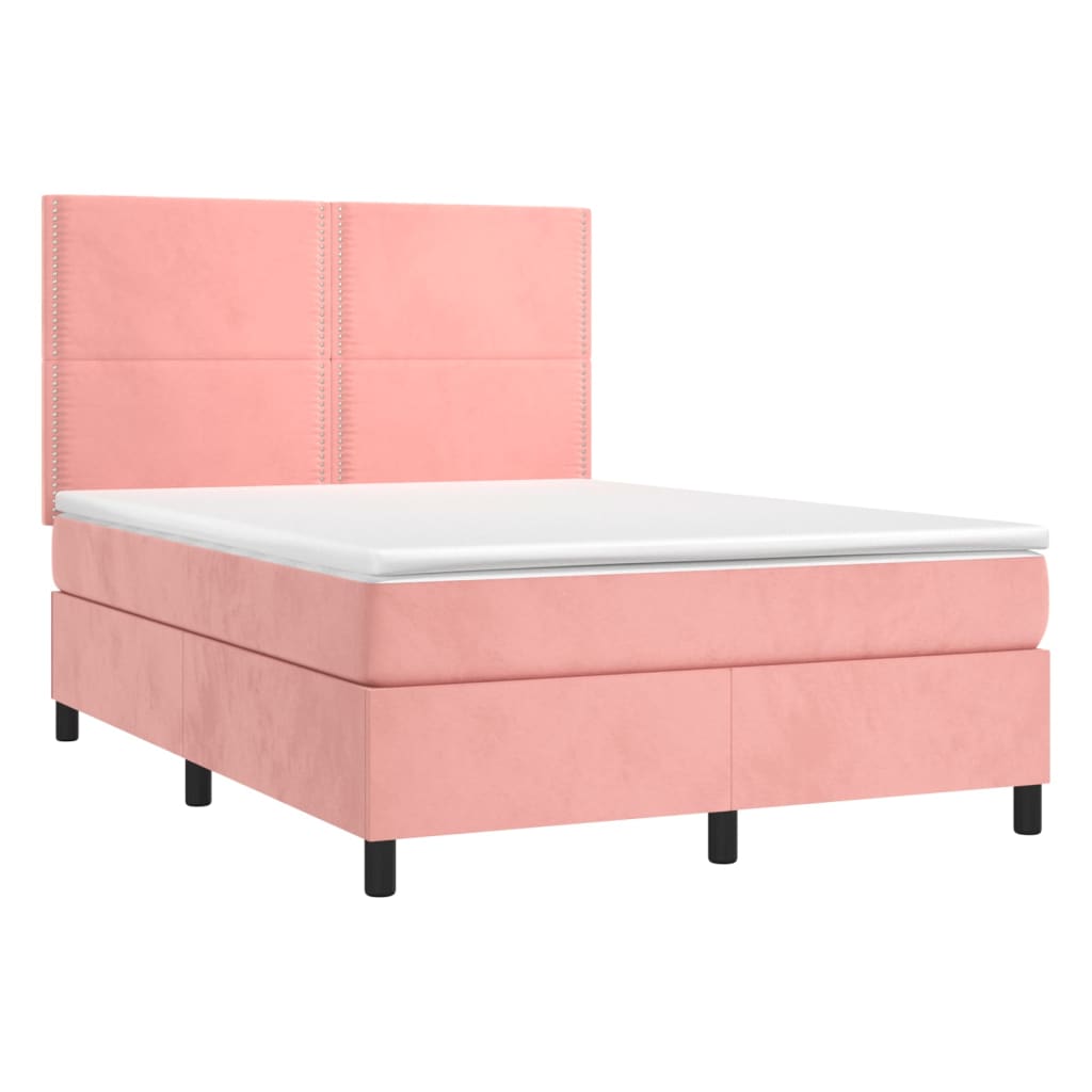 Cama box spring c/ colchão/LED 140x200 cm veludo rosa