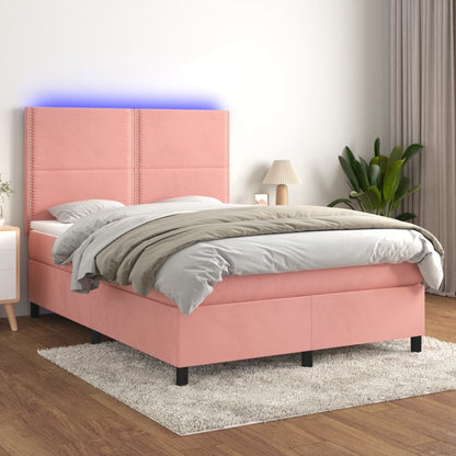 Cama box spring c/ colchão/LED 140x200 cm veludo rosa