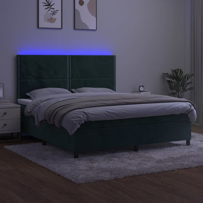 Cama box spring c/ colchão/LED 160x200 cm veludo verde-escuro