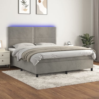 Cama box spring c/ colchão/LED 180x200 cm veludo cinzento-claro