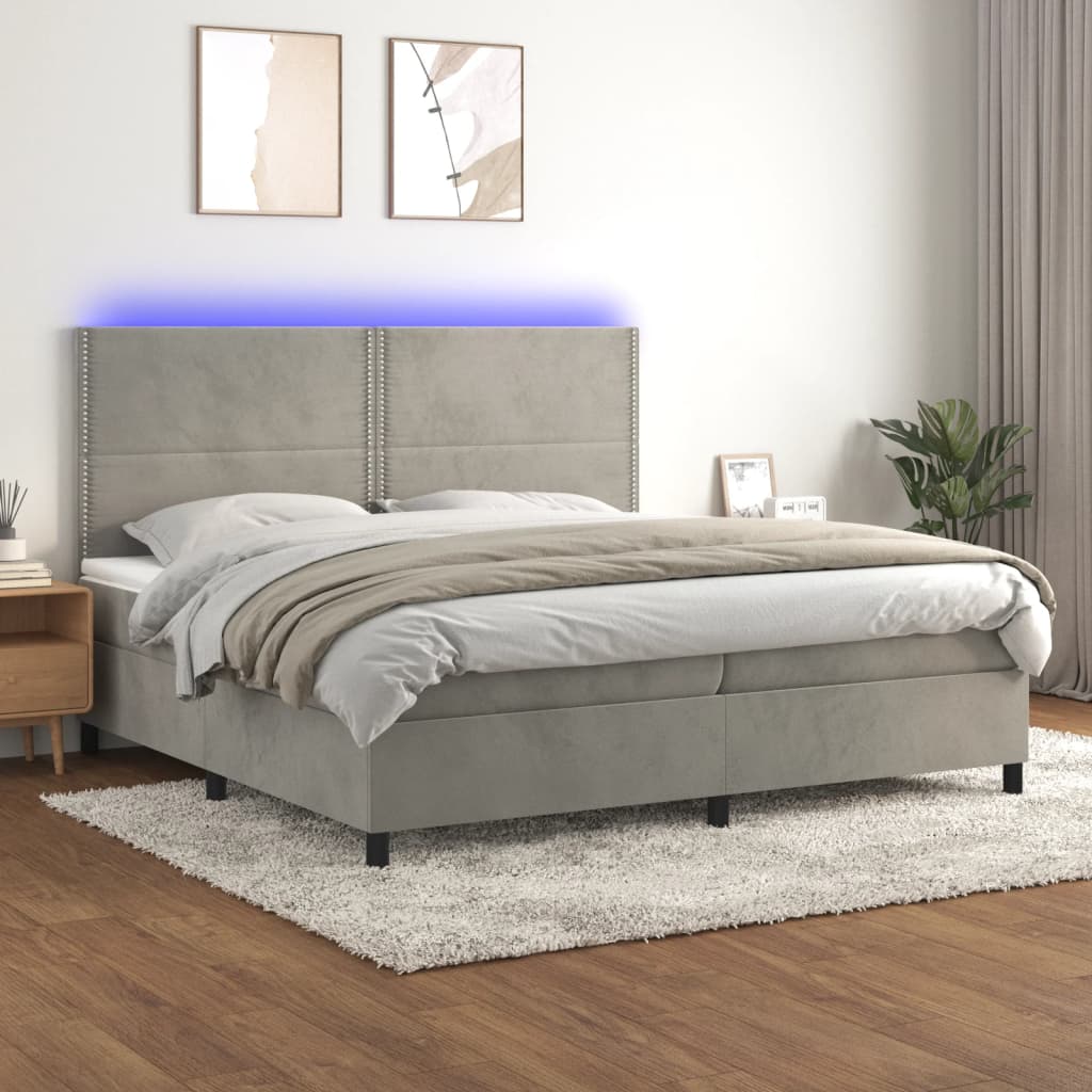 Cama box spring c/ colchão/LED 200x200 cm veludo cinzento-claro