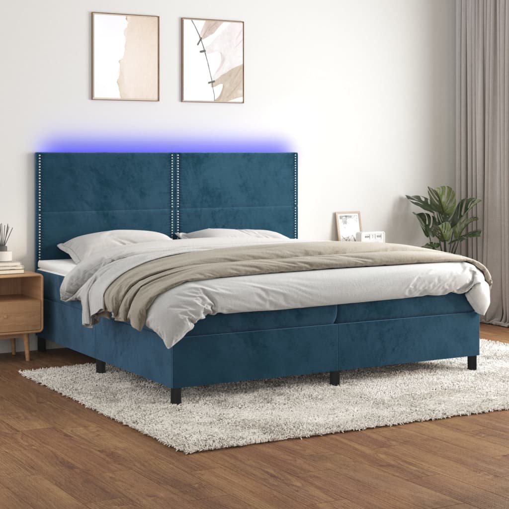 Cama box spring c/ colchão/LED 200x200 cm veludo azul-escuro