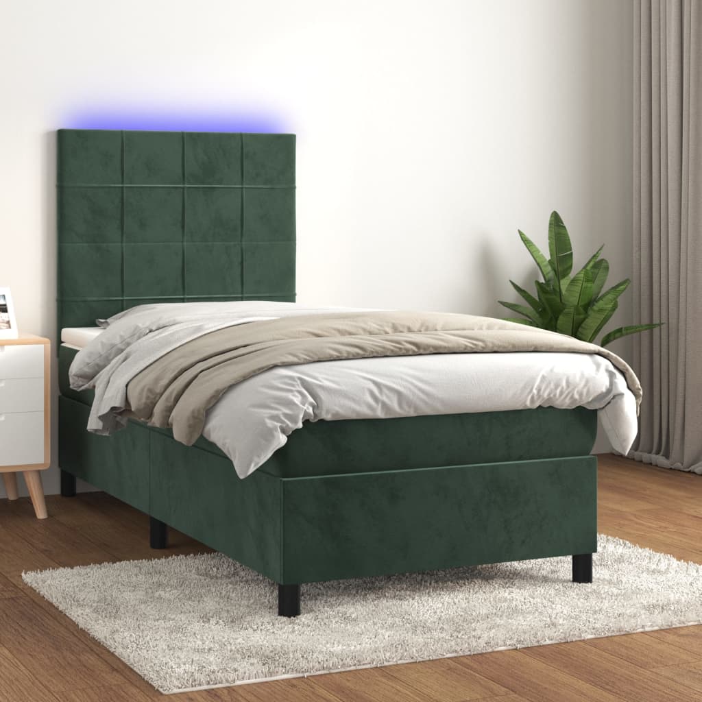 Cama box spring c/ colchão/LED 80x200 cm veludo verde-escuro