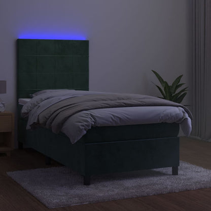 Cama box spring c/ colchão/LED 100x200 cm veludo verde-escuro