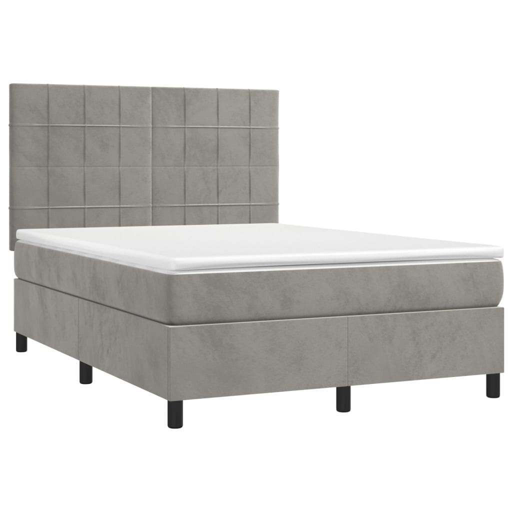 Cama box spring c/ colchão/LED 140x190 cm veludo cinzento