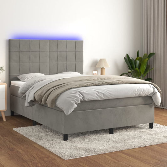 Cama box spring c/ colchão/LED 140x190 cm veludo cinzento