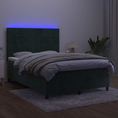 Cama box spring c/ colchão/LED 140x190 cm veludo verde-escuro